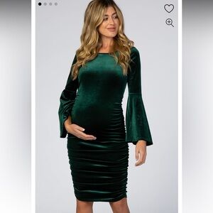 Forest Green Velvet Ruched Bell Sleeve Maternity Dress
